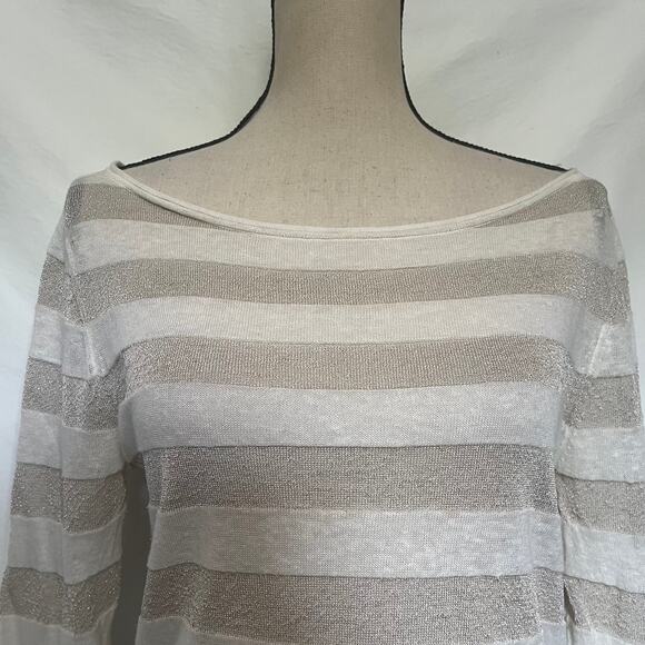 Tory Burch Metallic Stripe Sweater Sz M Boatneck Coastal Lightweight Preppy Tan - Picture 2 of 12